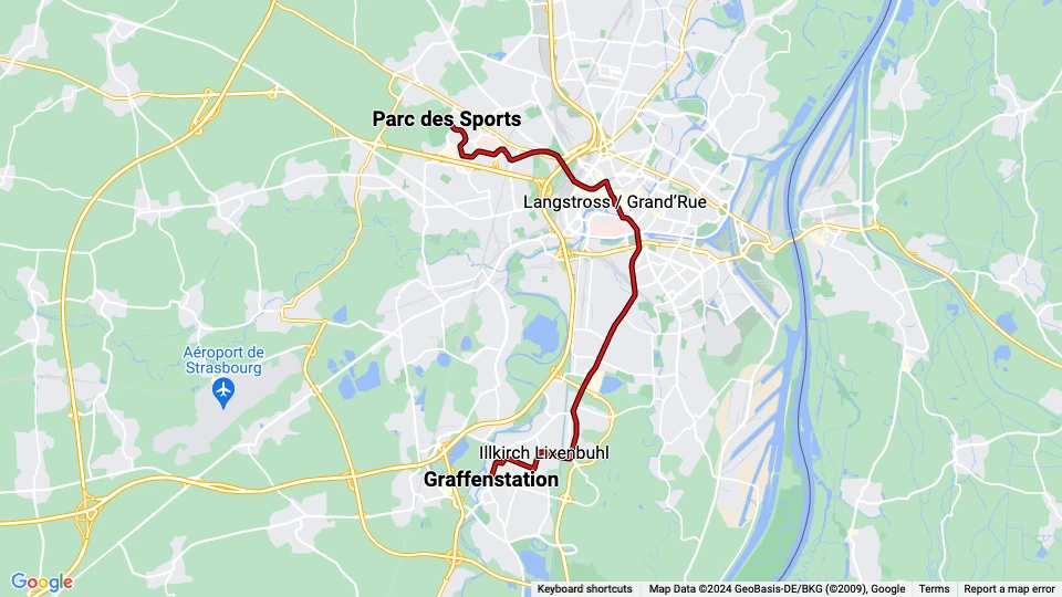 Strasbourg tram line A: Parc des Sports - Graffenstation route map