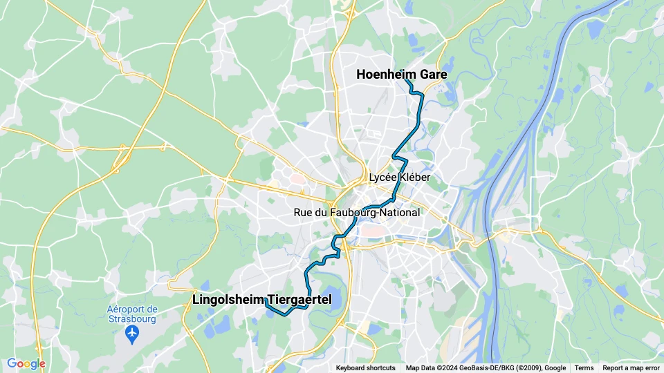 Strasbourg tram line B: Hoenheim Gare - Lingolsheim Tiergaertel route map