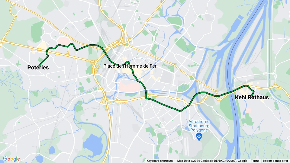 Strasbourg tram line D: Poteries - Kehl Rathaus route map