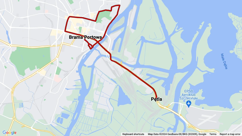 Szczecin tourist line Zielone: Brama Portowa - Pętla route map