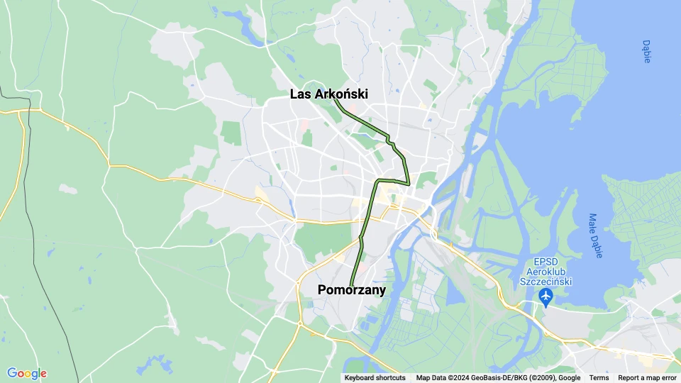 Szczecin tram line 12: Las Arkoński - Pomorzany route map