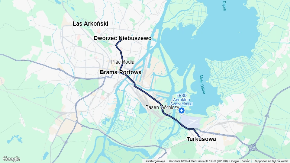 Szczecin tram line 2: Dworzec Niebuszewo - Turkusowa route map