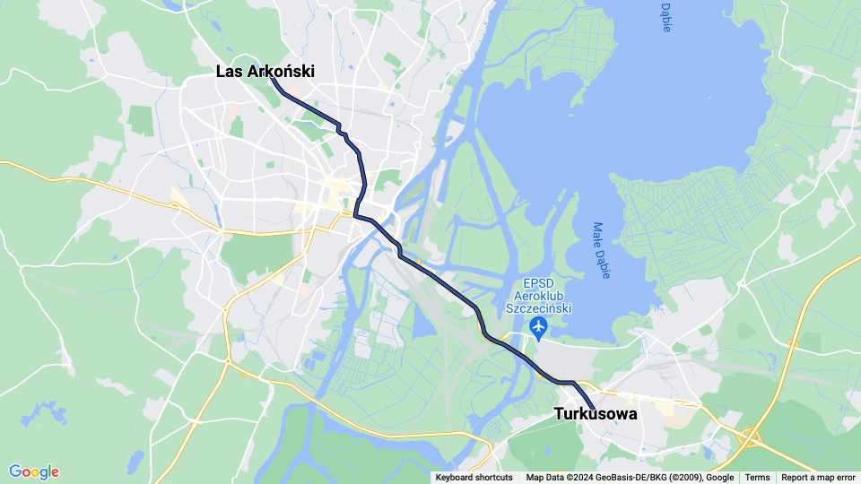 Szczecin tram line 2: Las Arkoński - Turkusowa route map
