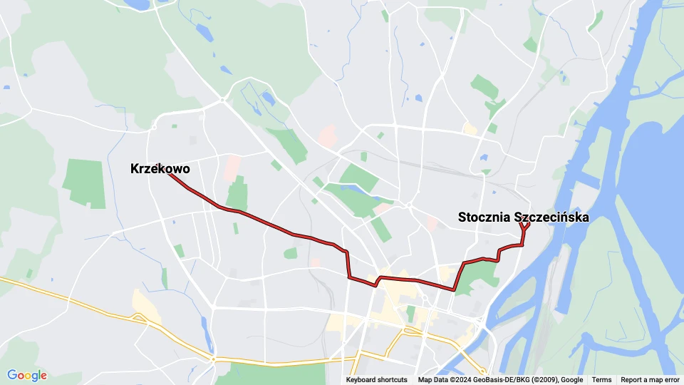 Szczecin tram line 5: Krzekowo - Stocznia Szczecińska route map