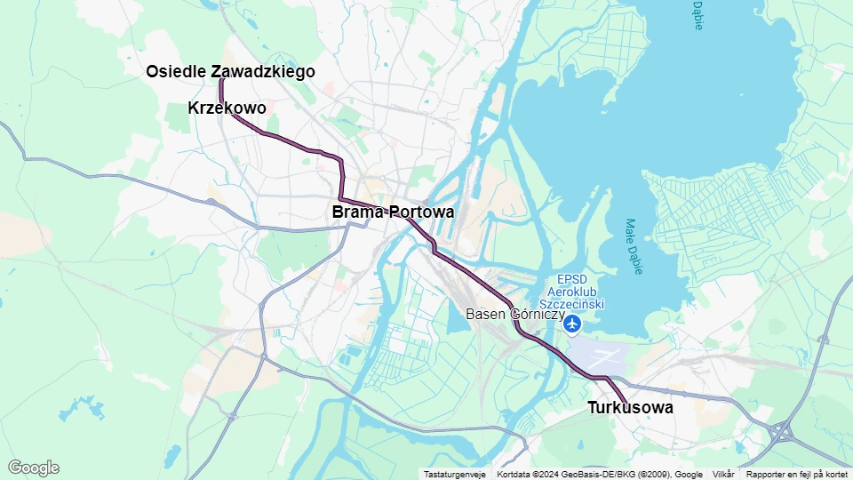 Szczecin tram line 7: Turkusowa - Osiedle Zawadzkiego route map