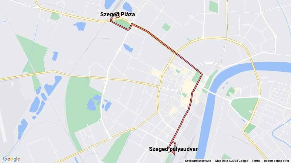Szeged tram line 1: Szeged pályaudvar - Szeged Pláza route map