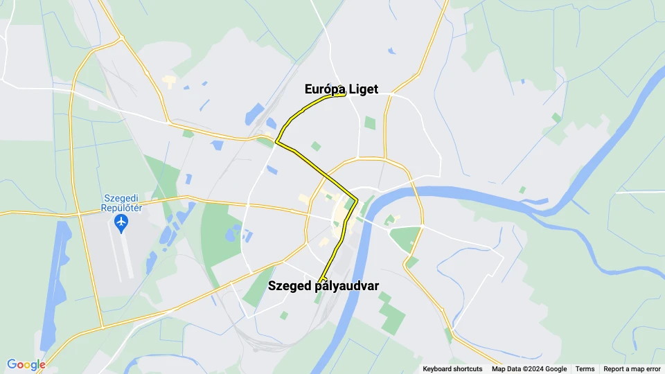 Szeged tram line 2: Szeged pályaudvar - Európa Liget route map