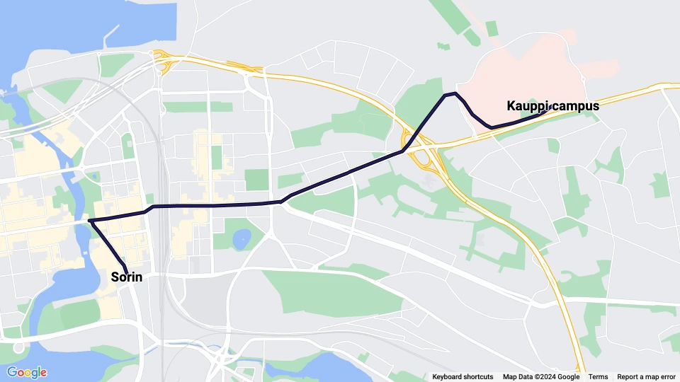 Tampere tram line 1: Sorin - Kauppi campus route map