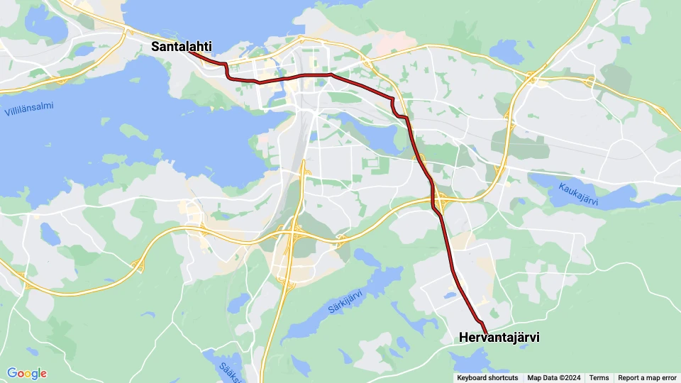 Tampere tram line 3: Santalahti - Hervantajärvi route map
