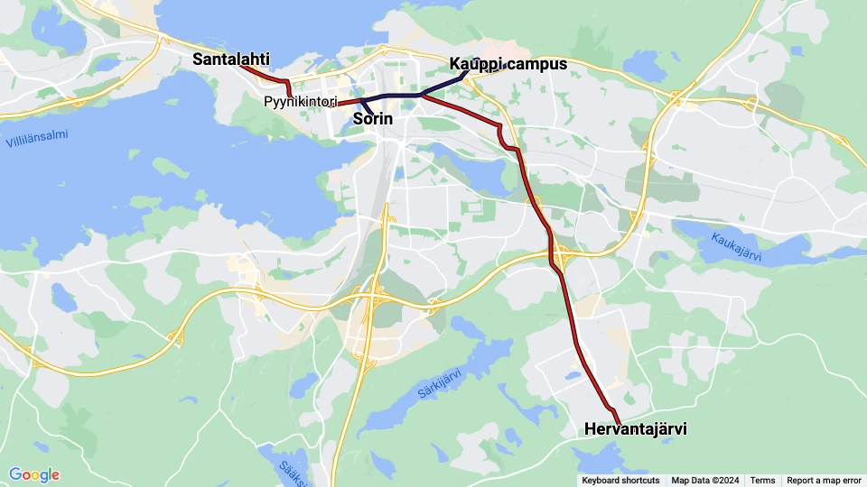Tampere Tram route map