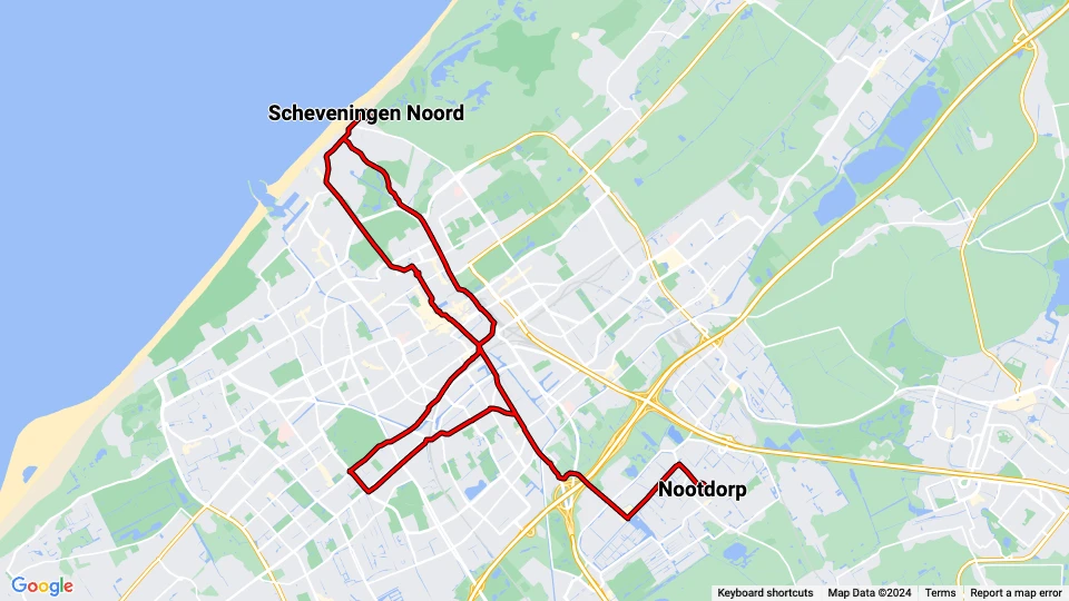 The Hague museum line Lange rit: Scheveningen Noord - Nootdorp route map