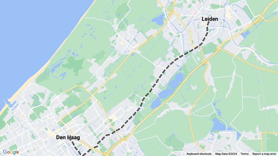 The Hague regional line A: Den Haag - Leiden route map
