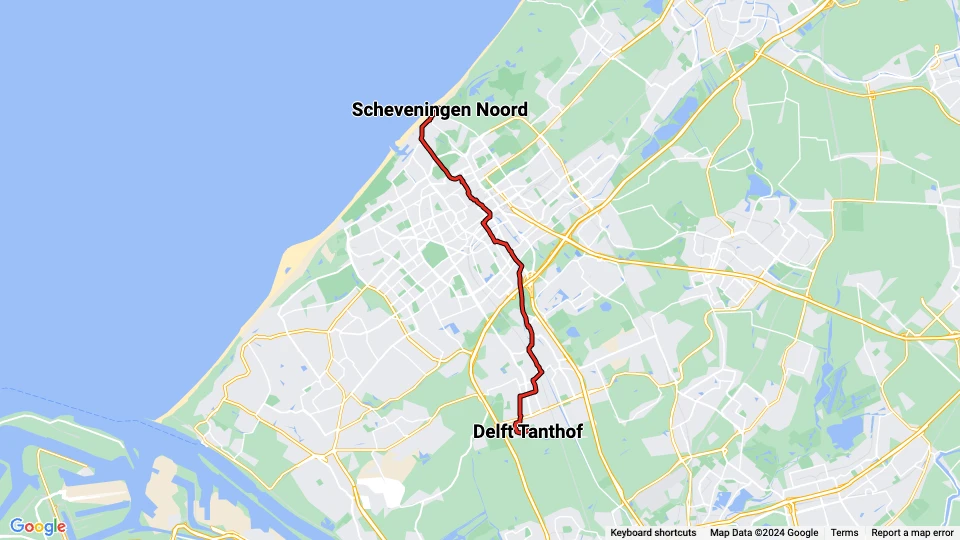 The Hague tram line 1: Scheveningen Noord - Delft Tanthof route map