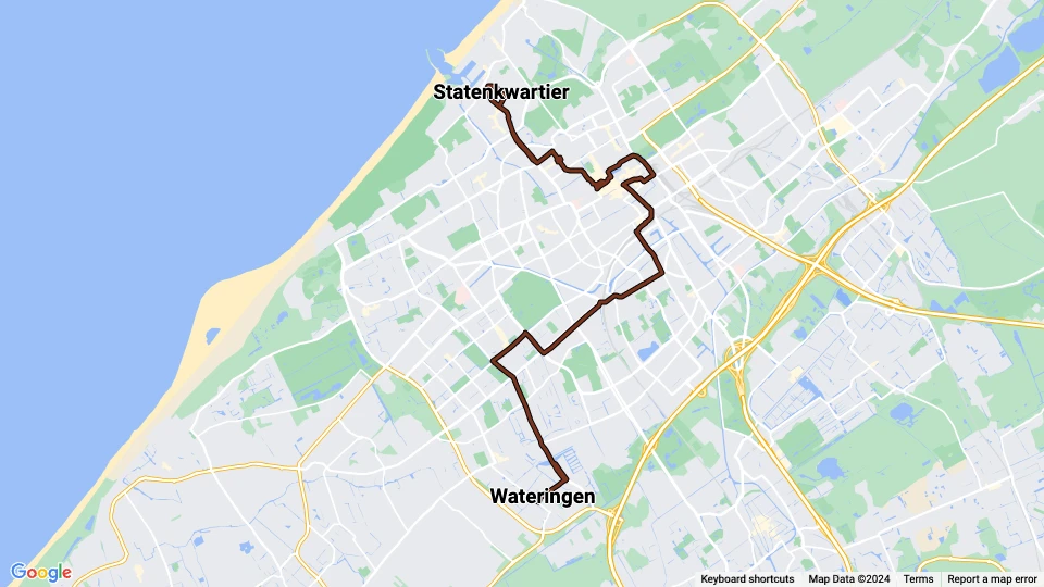 The Hague tram line 16: Statenkwartier - Wateringen route map