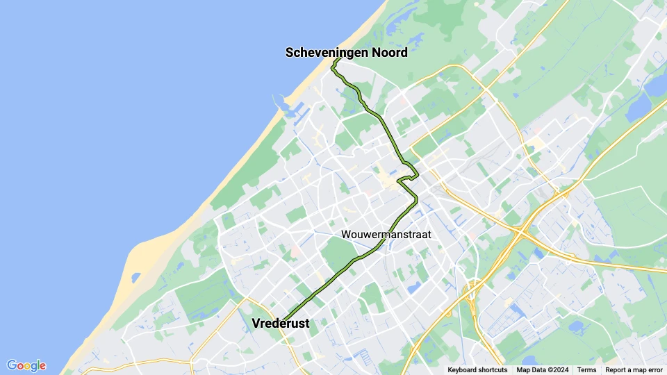 The Hague tram line 9: Vrederust - Scheveningen Noord route map