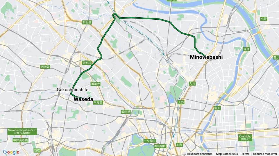 Tokyo Toden Arakawa Line: Minowabashi - Waseda route map