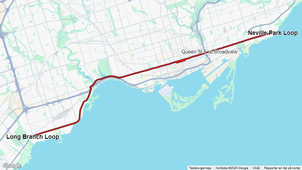 Toronto tram line 501 Queen: Long Branch Loop - Neville Park Loop route map