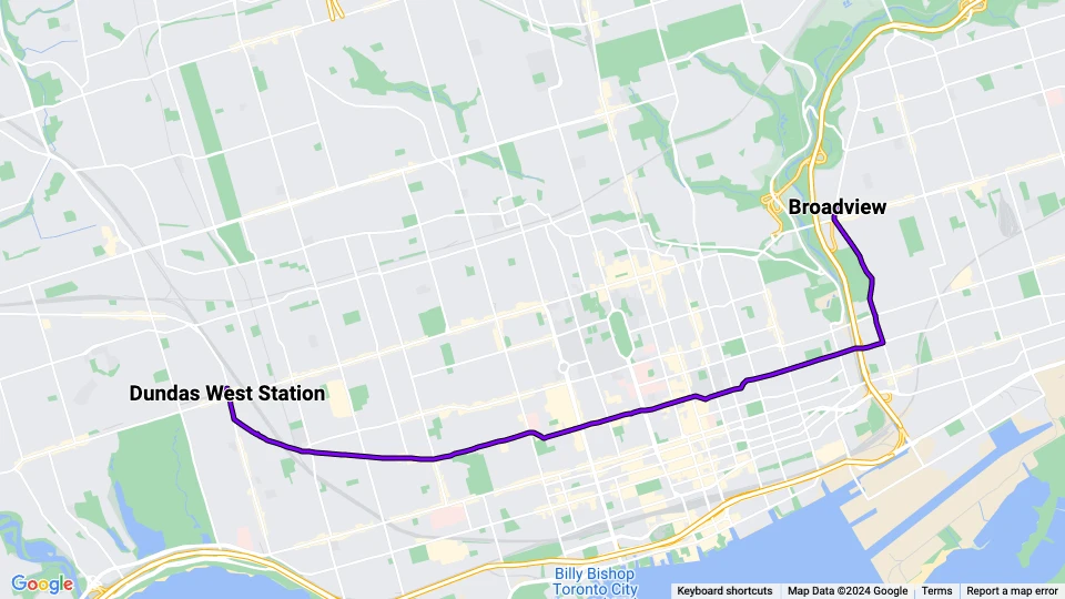 Toronto tram line 505 Dundas: Dundas West Station - Broadview route map