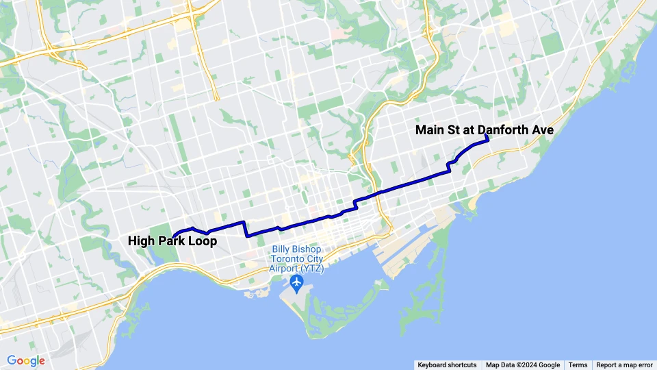 Toronto tram line 506 Carlton: Main St at Danforth Ave - High Park Loop route map