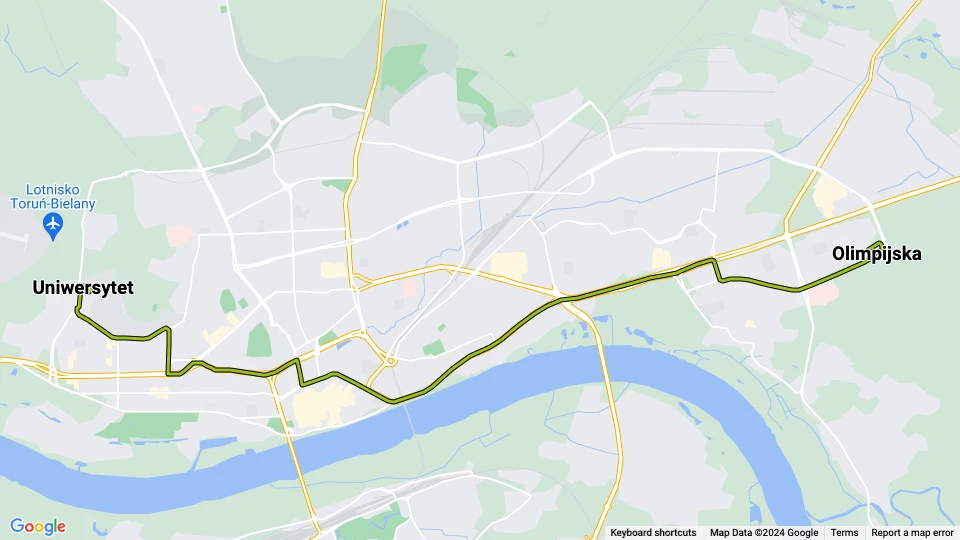 Toruń tram line 1: Uniwersytet - Olimpijska route map