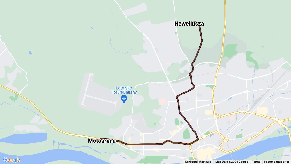 Toruń tram line 3: Motoarena - Heweliusza route map