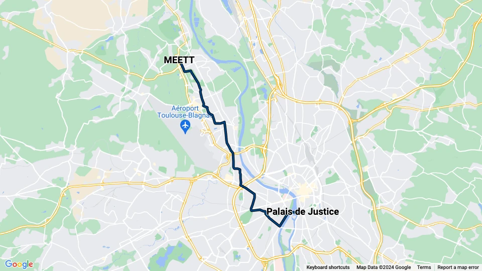 Toulouse tram line T1: Palais de Justice - MEETT route map