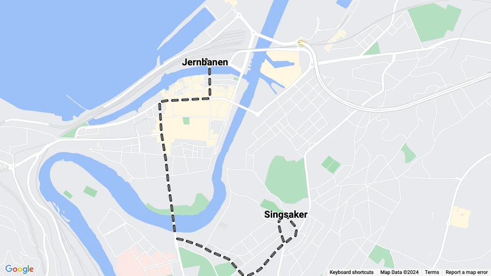 Trondheim tram line 3: Singsaker - Jernbanen route map