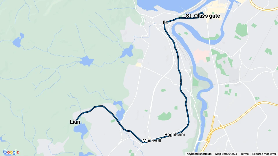 Trondheim tram line 9, Gråkallbanen: St. Olavs gate - Lian route map