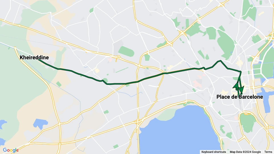 Tunis light rail line 4: Kheireddine - Place de Barcelone route map