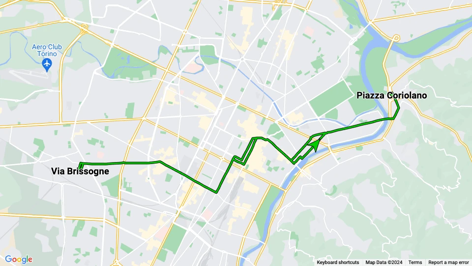 Turin tram line 15: Via Brissogne - Piazza Coriolano route map