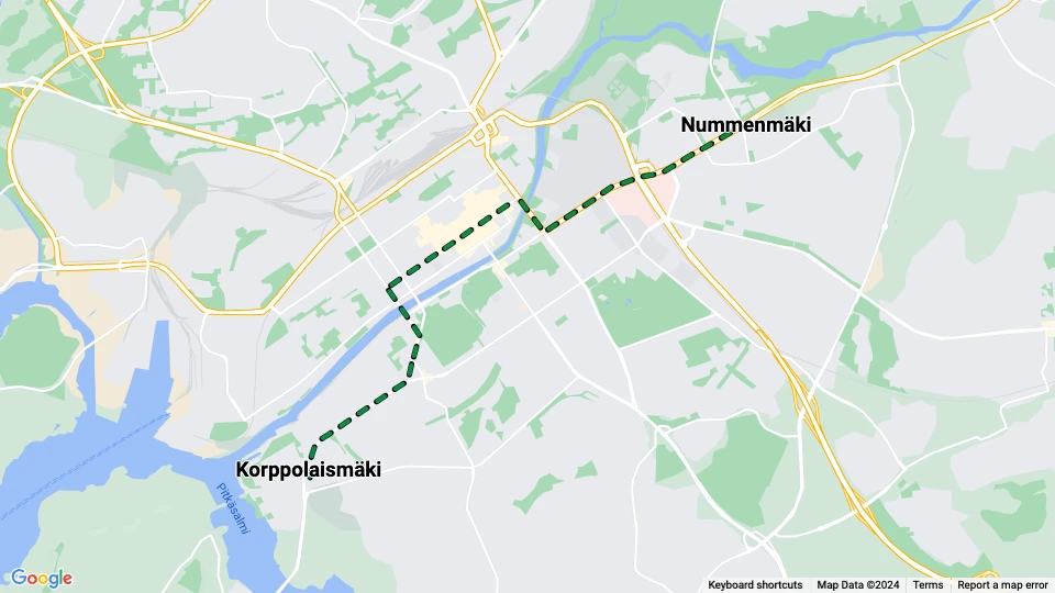 Turku tram line 2: Korppolaismäki - Nummenmäki route map