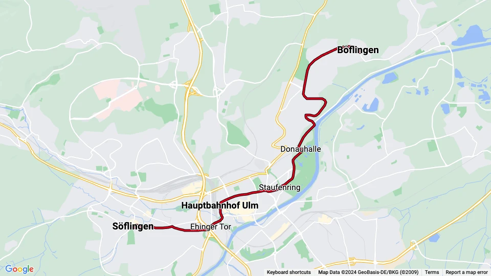 Ulm tram line 1: Söflingen - Böflingen route map