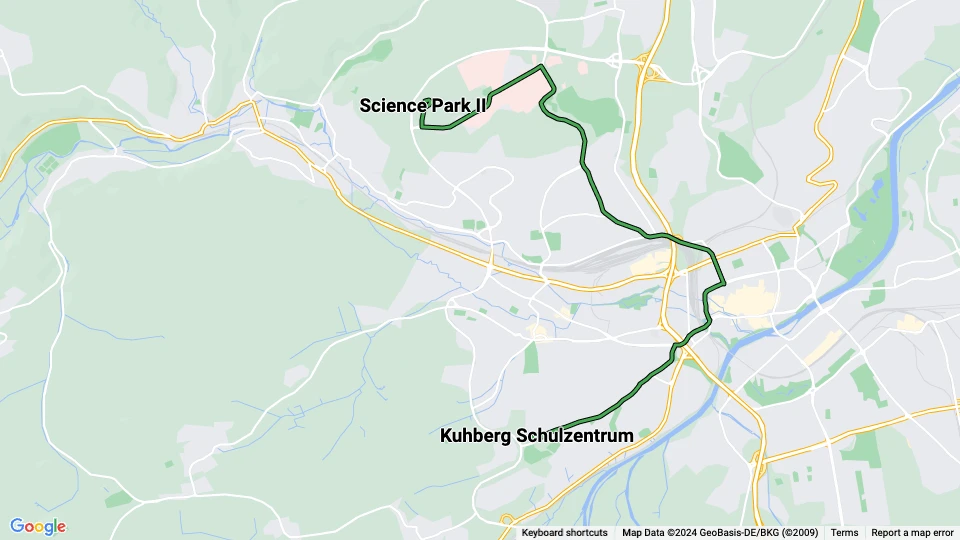 Ulm tram line 2: Science Park II - Kuhberg Schulzentrum route map