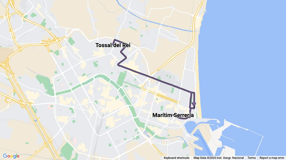 Valencia tram line 6: Tossal del Rei - Marítim Serrería route map