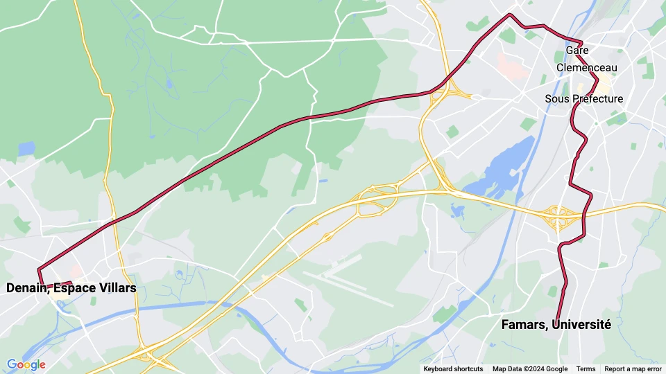 Valenciennes tram line T1: Denain, Espace Villars - Famars, Université route map