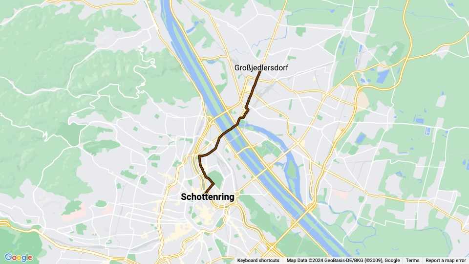 Vienna extra line 231: Schottenring - Großjedlersdorf route map