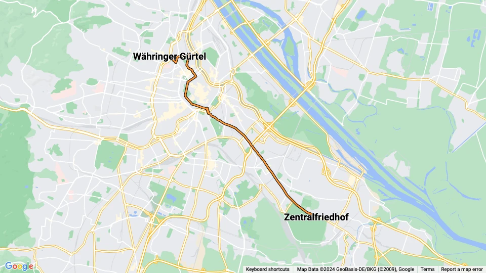 Vienna extra line 35: Währinger Gürtel - Zentralfriedhof route map