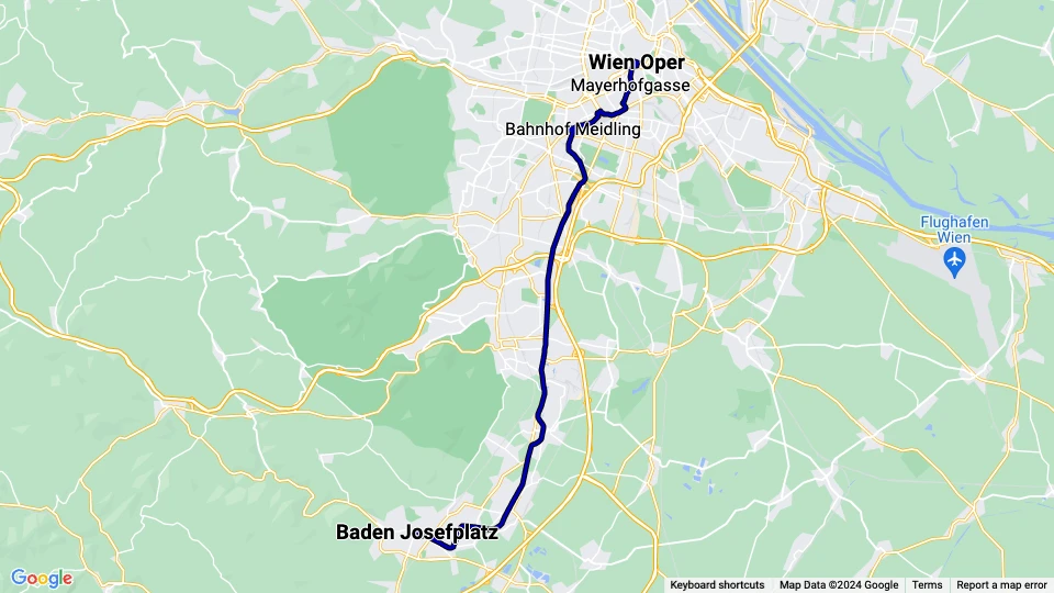 Vienna regional line 515 - Badner Bahn: Wien Oper - Baden Josefplatz route map
