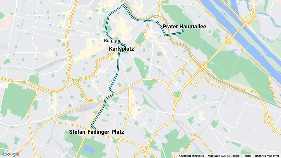 Vienna tram line 1: Stefan-Fadinger-Platz - Prater Hauptallee route map