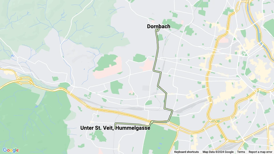 Vienna tram line 10: Dornbach - Unter St. Veit, Hummelgasse route map