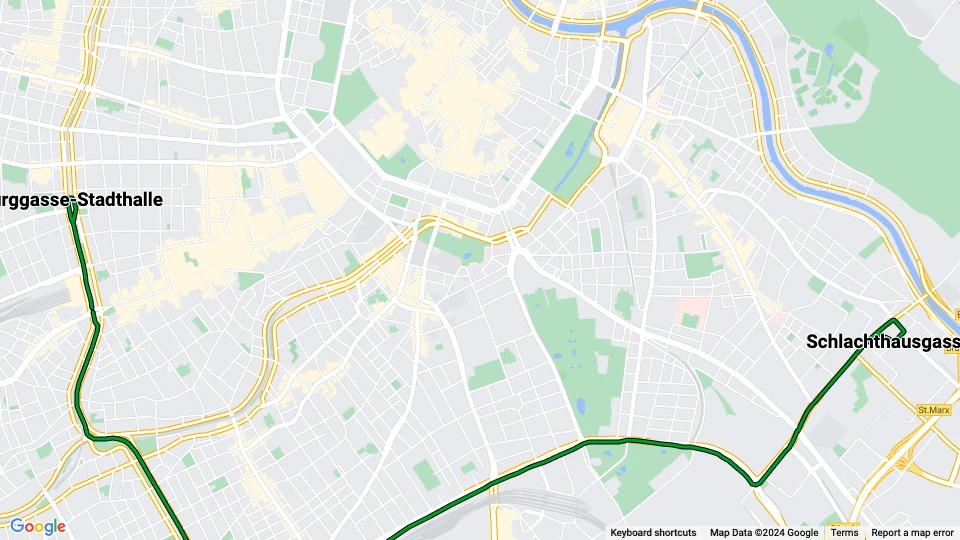 Vienna tram line 18: Burggasse-Stadthalle - Schlachthausgasse route map