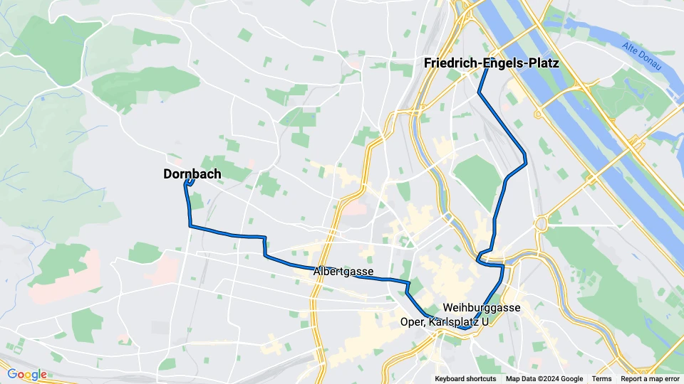 Vienna tram line 2: Friedrich-Engels-Platz - Dornbach route map