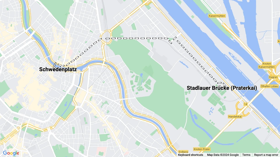 Vienna tram line 21: Schwedenplatz - Stadlauer Brücke (Praterkai) route map