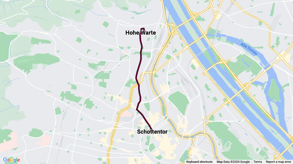 Vienna tram line 37: Schottentor - Hohe Warte route map