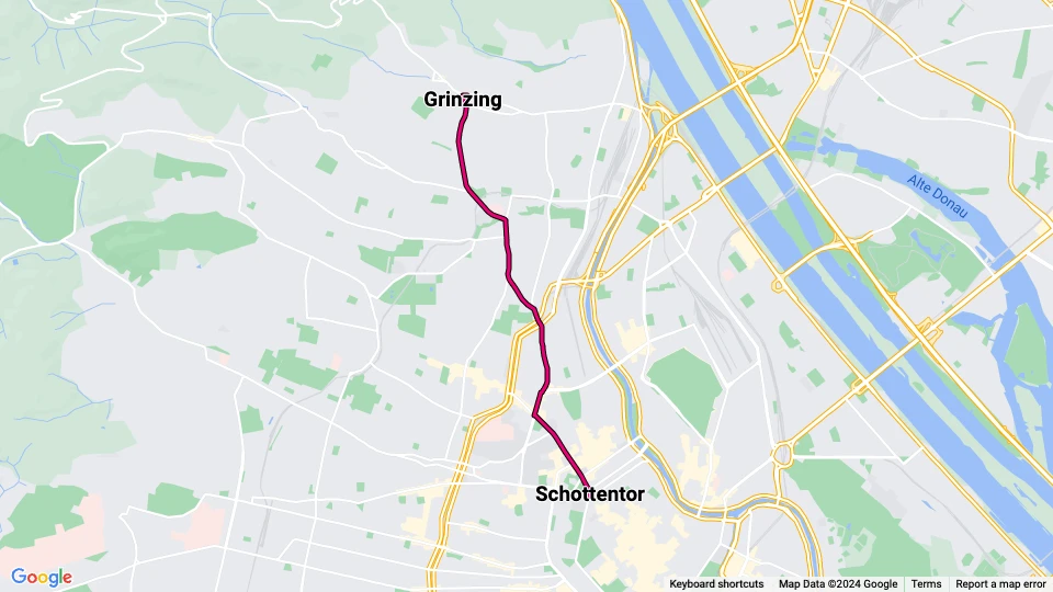 Vienna tram line 38: Schottentor - Grinzing route map