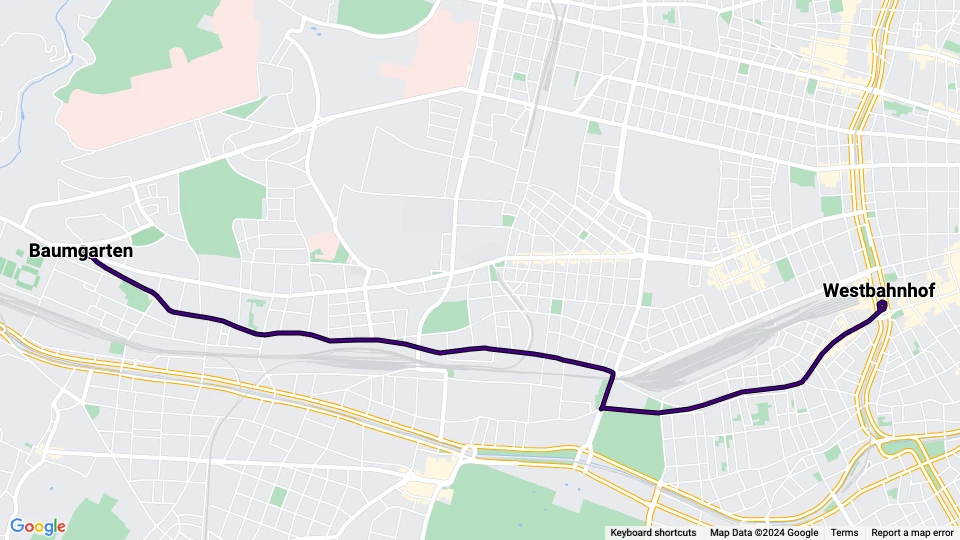 Vienna tram line 52: Westbahnhof - Baumgarten route map