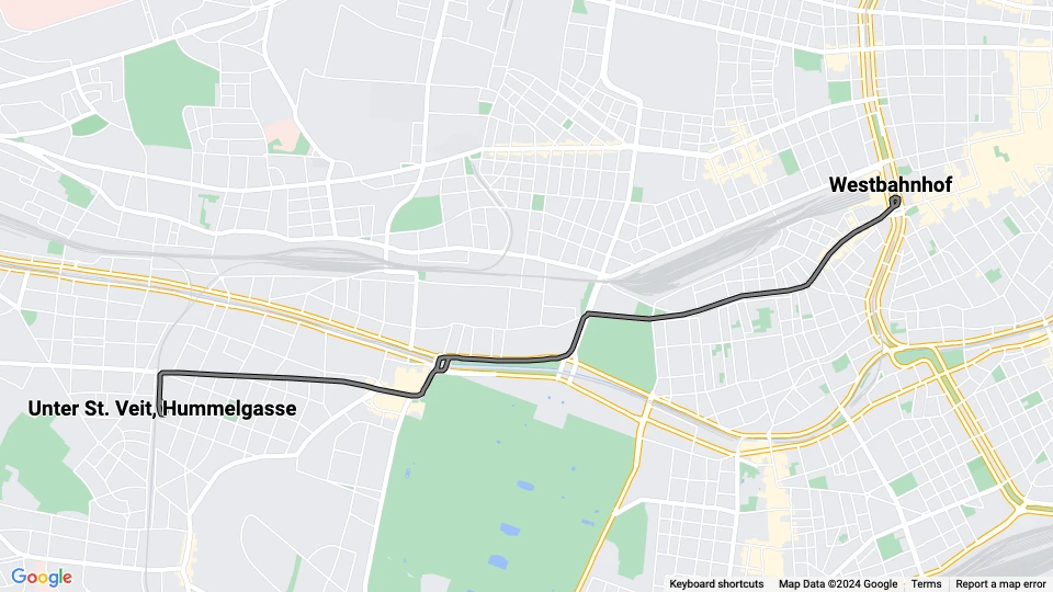 Vienna tram line 58: Westbahnhof - Unter St. Veit, Hummelgasse route map