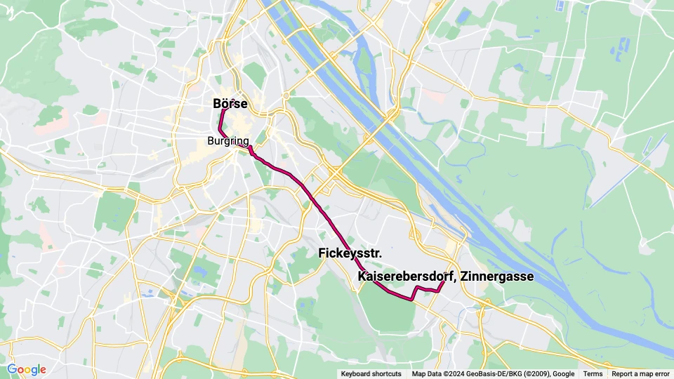 Vienna tram line 71: Börse - Kaiserebersdorf, Zinnergasse route map
