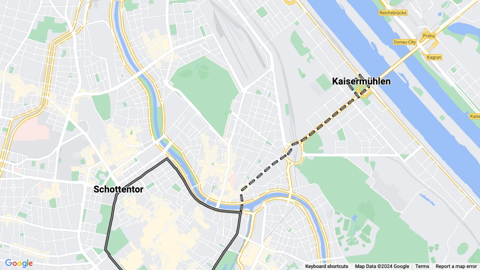 Vienna tram line B: Schottentor - Kaisermühlen route map