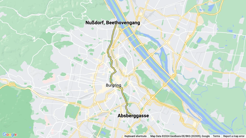 Vienna tram line D: Absberggasse - Nußdorf, Beethovengang route map